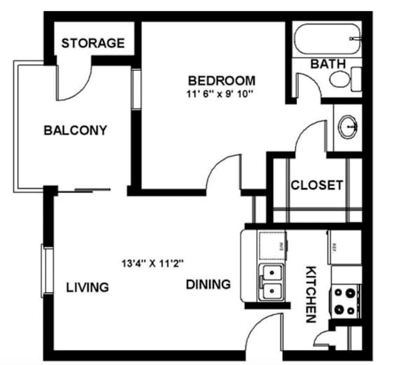 A black and white image of a house floor plan with a bedroom, bath, closet, and kitchen.