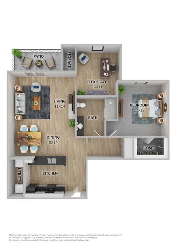 A floor plan of a house with a living room, kitchen, dining room, bedroom, and patio.