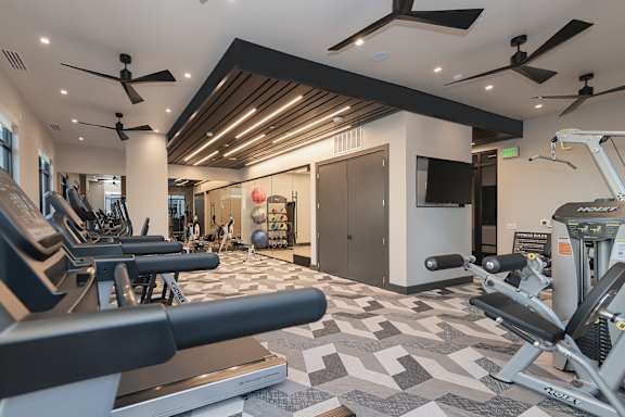 A gym with treadmills, weights, and exercise equipment.