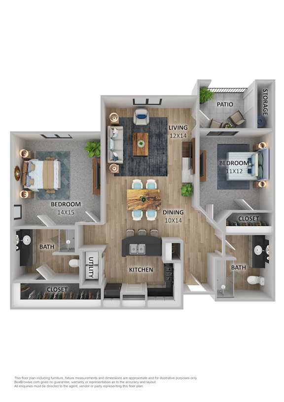 A 3D rendered image of a house layout with labeled rooms.