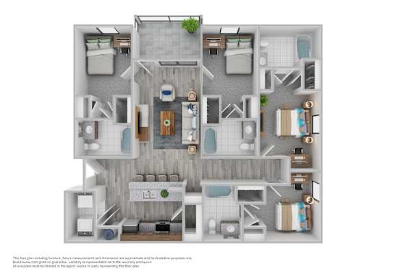 A floor plan of a house with a kitchen, living room, bedrooms and bathrooms.