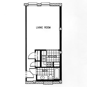 A floor plan of a living room with a kitchen and bathroom.