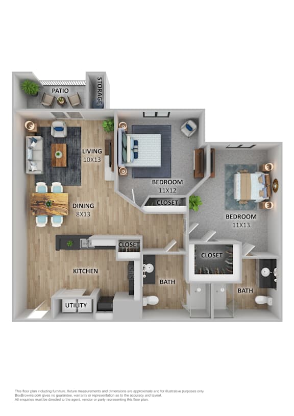 A floor plan of a house with a living room, two bedrooms, a kitchen, a bathroom, a dining room, a patio, and a storage area.