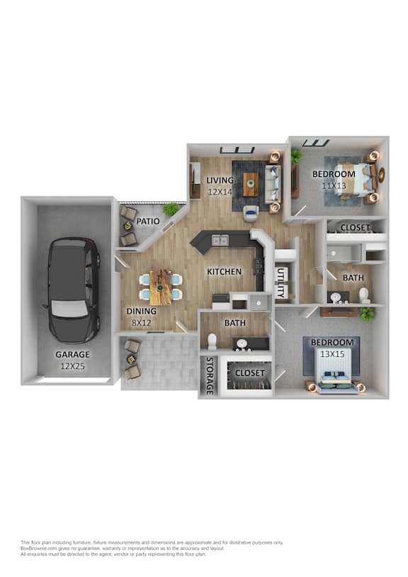 A floor plan of a house with a garage, two bedrooms, a living room, a kitchen, a dining room, a bathroom, and a storage closet.