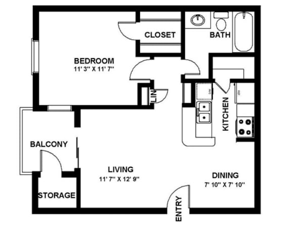 A black and white image of a floor plan for a small apartment.