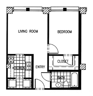 A floor plan of a small apartment with a living room, bedroom, kitchen, and bathroom.