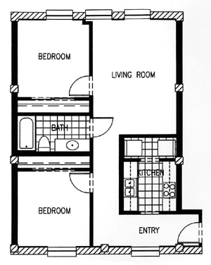 A black and white floor plan of a two bedroom apartment.