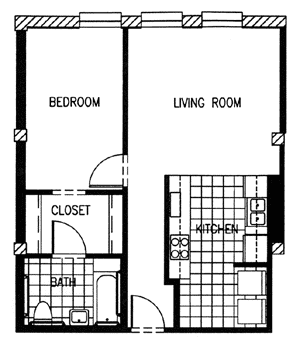 A black and white image of a floor plan for a bedroom and living room.
