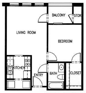 A black and white image of a floor plan for a small apartment.