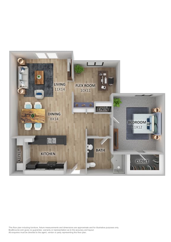 A floor plan of a small apartment with a living room, dining room, kitchen, bathroom, bedroom, closet, and laundry area.