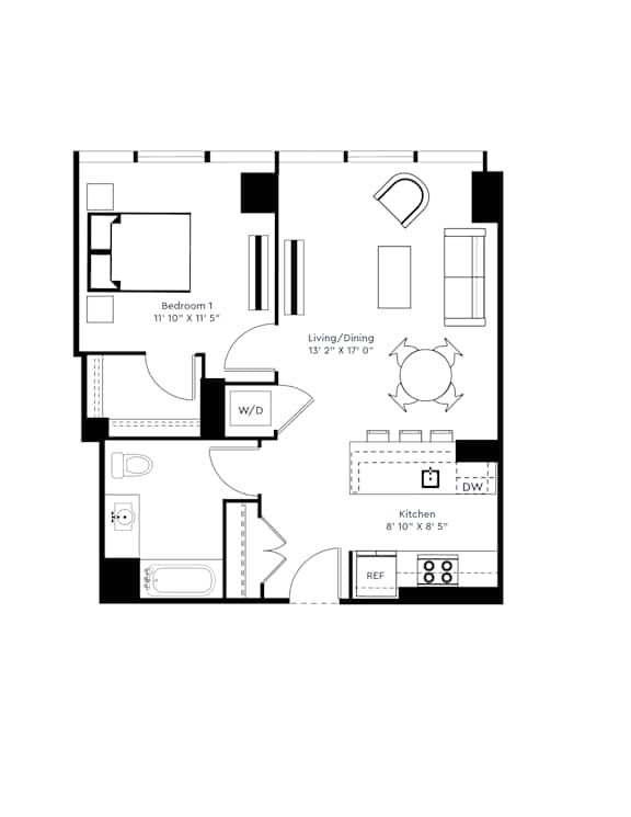 A black and white image of a floor plan for a small apartment.