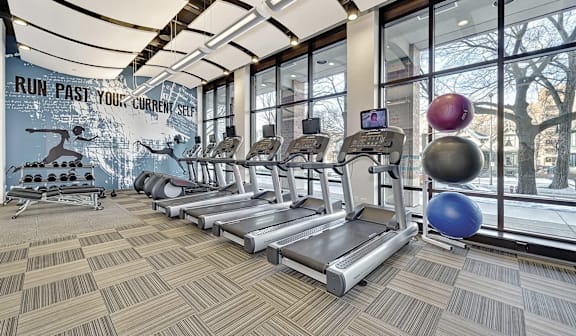A gym with treadmills and exercise balls.