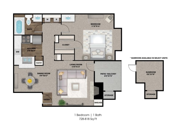 the retreat floor plan  1 bedroom 1 bath  1190 sq ft