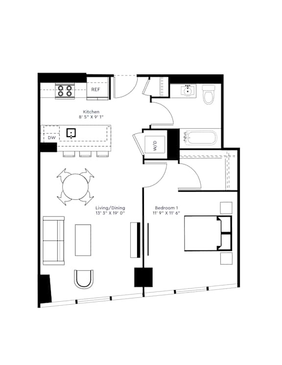 A floor plan of a small apartment with a kitchen, living room, and two bedrooms.