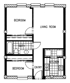 A black and white floor plan of a two bedroom apartment.