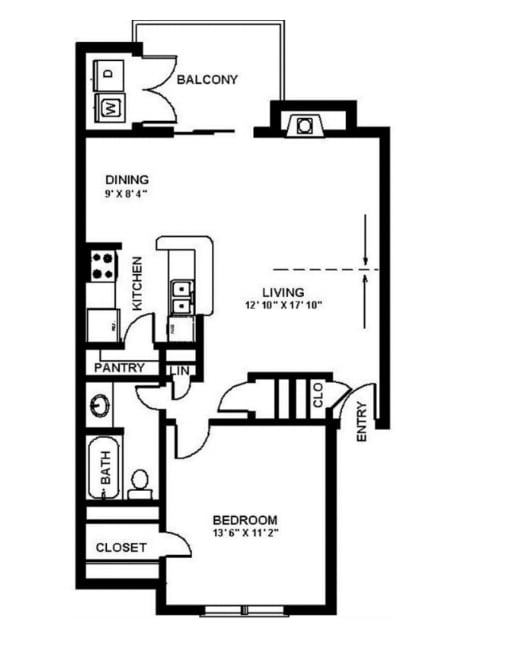 A black and white image of a floor plan for a small apartment.