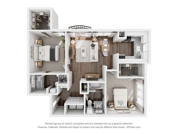 A 3D floor plan of a house with a kitchen, living room, and bathroom.
