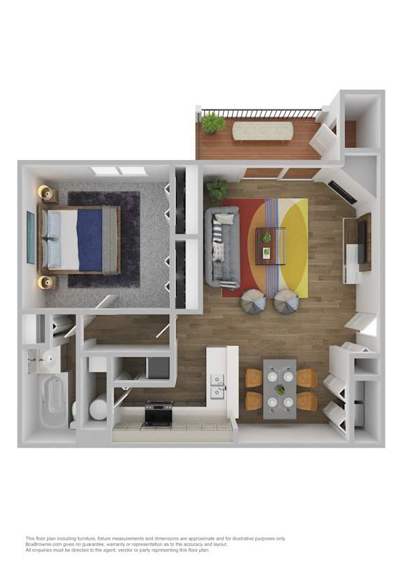 A floor plan of a furnished apartment with a living room, kitchen, and bedroom.
