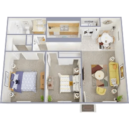 A floor plan of a house with a kitchen, living room, and two bedrooms.