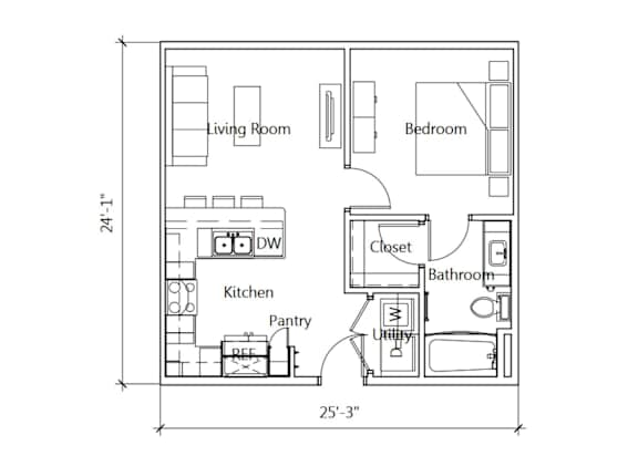 A floor plan of a small apartment with a living room, kitchen, pantry, bathroom, and bedroom.
