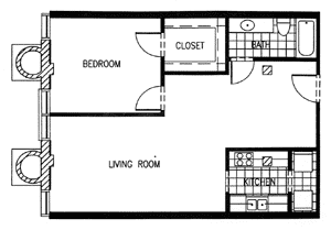 A floor plan of a room with a bedroom, living room, kitchen, and bathroom.