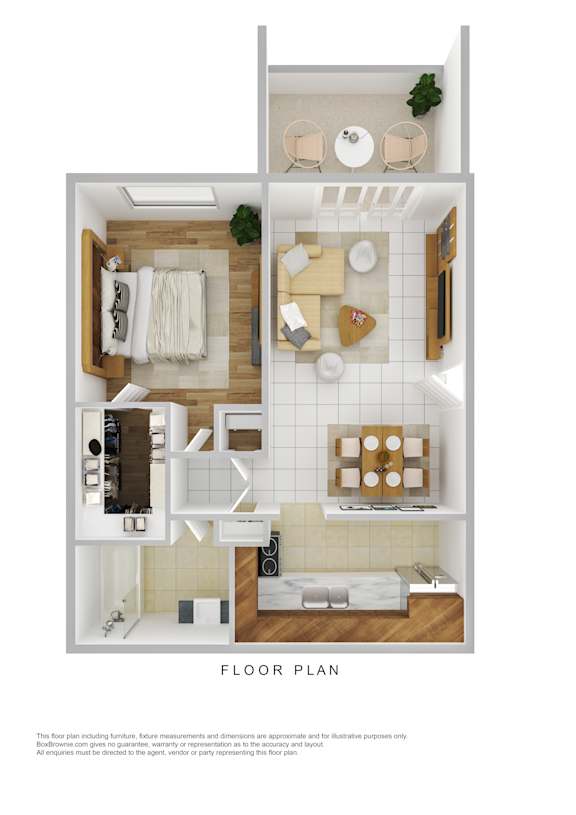 A floor plan of a small apartment with a living room, kitchen, and bathroom.