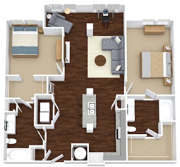 A top-down view of a house layout with a kitchen, living room, and bedrooms.