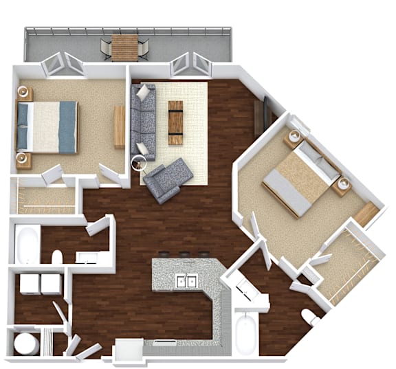 A top-down view of a house layout with a kitchen, living room, and bathroom.
