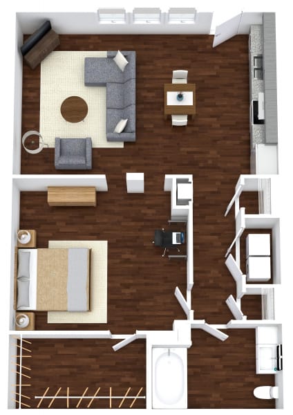 A top-down view of a living room, kitchen, and bathroom layout.