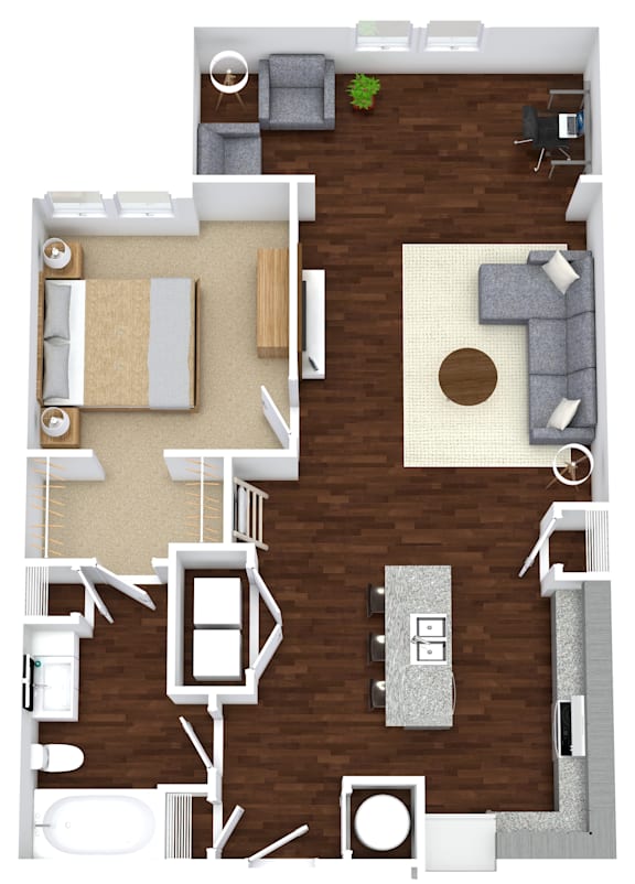 A top-down view of a house layout with a living room, dining area, kitchen, and bathroom.