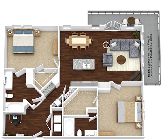 A floor plan of a home with a living room, dining room, kitchen, and two bedrooms.