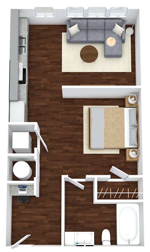 A top-down view of a small apartment with a kitchen, living room, and bathroom.