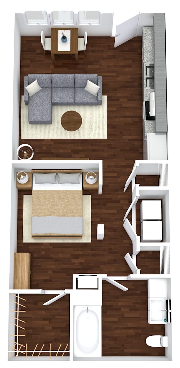 A top-down view of a living room with a couch, a coffee table, and a rug.