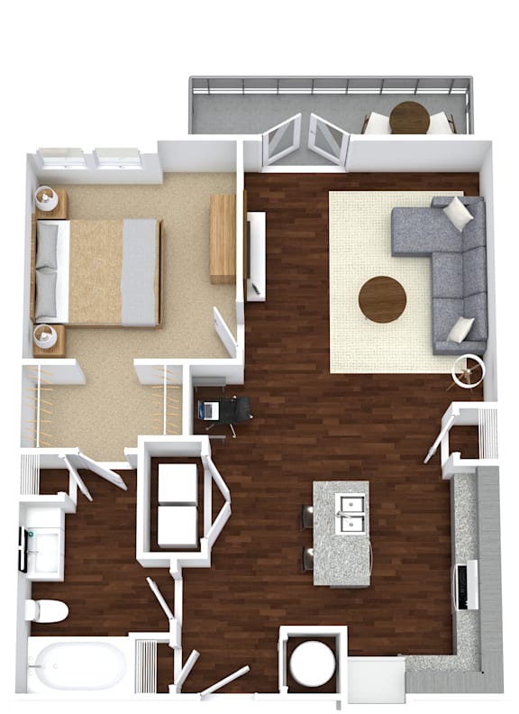 A top-down view of a house layout with a living room, kitchen, and bathrooms.