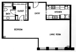 A floor plan of a small apartment with a bedroom, living room, kitchen, and bathroom.