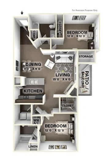 A floor plan of a two bedroom apartment with a living room, dining room, kitchen, and two bedrooms.