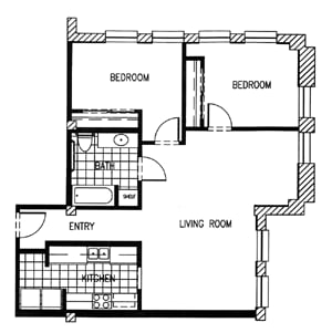 A black and white floor plan of a house with two bedrooms, a living room, an entry, and a kitchen.
