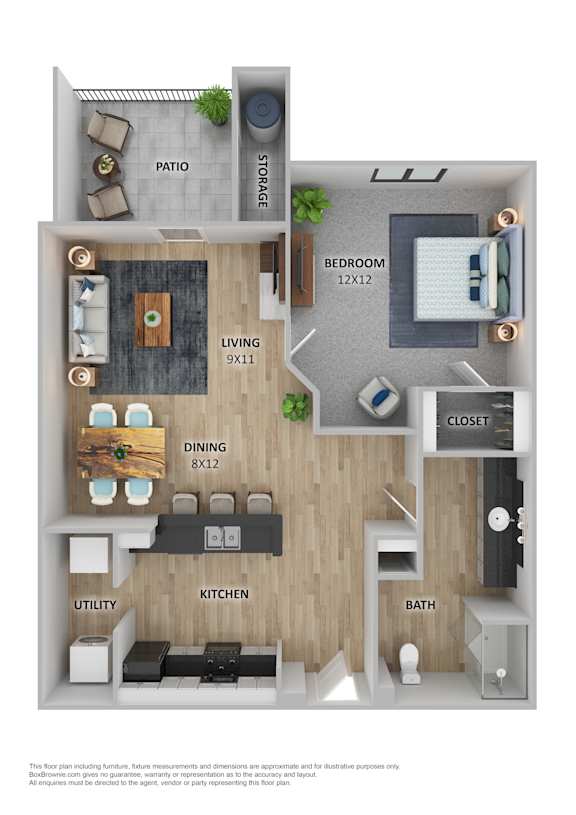 A floor plan of a small apartment with a living room, dining room, kitchen, bedroom, and bathroom.