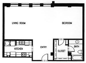 A floor plan of a small apartment with a living room, kitchen, entry, bedroom, bath, and closet.