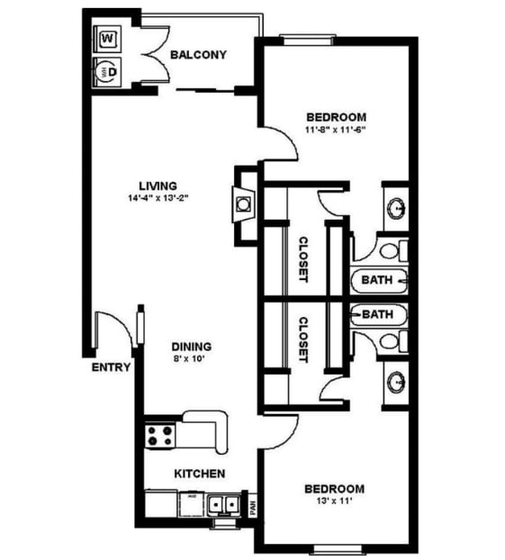 A black and white image of a floor plan for a house with a balcony, two bedrooms, a living room, a dining area, a kitchen, and two bathrooms.