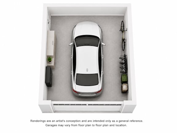 A white car is parked in a garage with a wall-mounted bike rack and a wall-mounted electrical box.