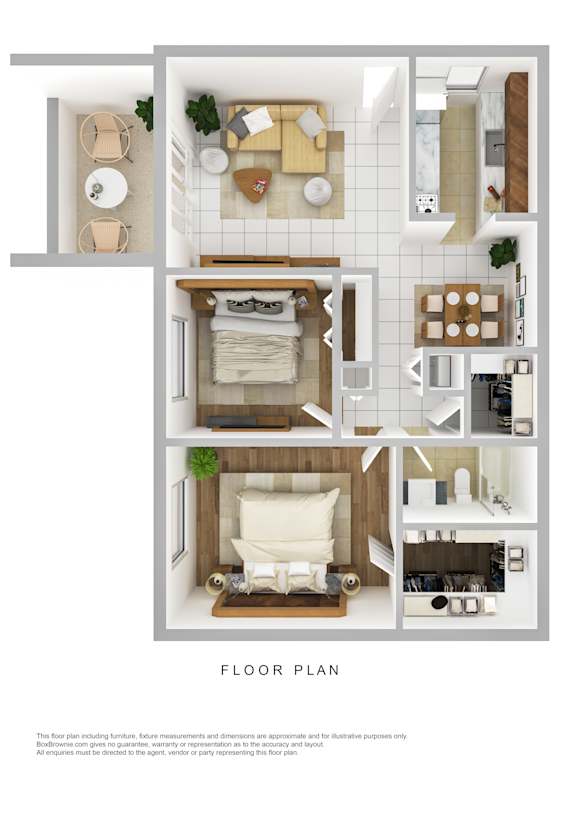 A floor plan of a small apartment with a kitchen, living room, and two bedrooms.