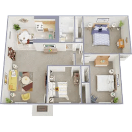 A 3D floor plan of a house with a kitchen, living room, and two bedrooms.