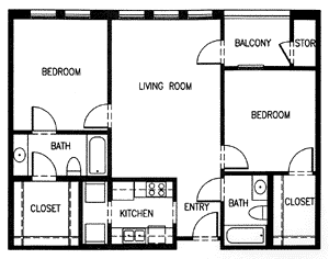 A black and white image of a floor plan for a house with two bedrooms, a living room, a kitchen, a bath, and a closet.