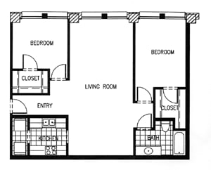 A black and white image of a floor plan for a house with three bedrooms, two closets, a living room, a kitchen, and a bathroom.