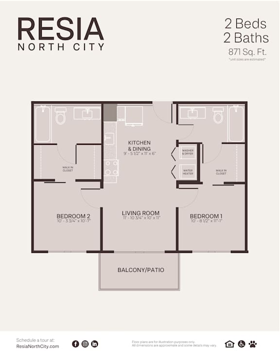 A floor plan for a 2 bedroom, 2 bathroom apartment in Resia North City.
