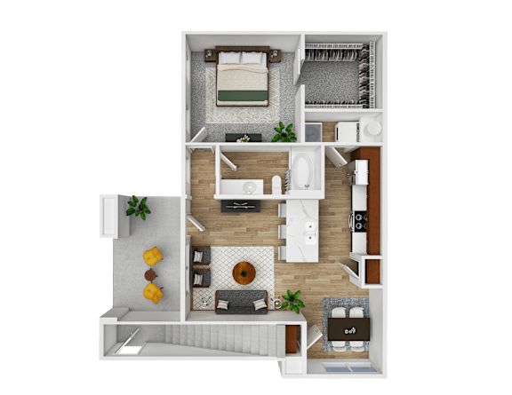 A 3D floor plan of a small apartment with a living room, kitchen, and bathroom.