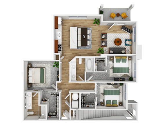 A detailed 3D floor plan of a house layout.
