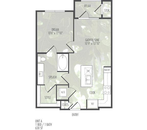 A floor plan of a home with a bedroom, bathroom, kitchen, dining area, and living room.