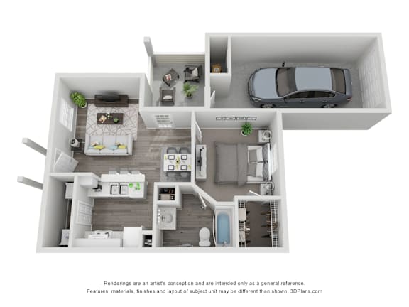 A 3D floor plan of a house with a kitchen, living room, and two bedrooms.